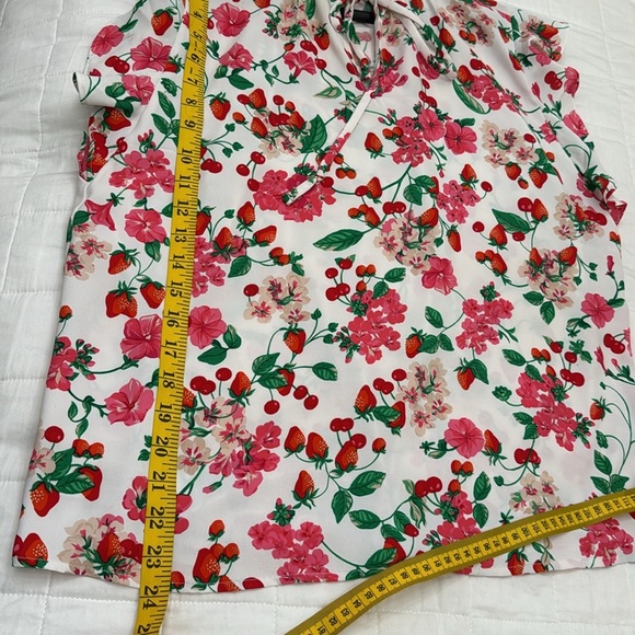 Ann Taylor strawberries, cherries, Floral Ruffle Sleeve Tie Neck Shell top - Picture 5 of 7